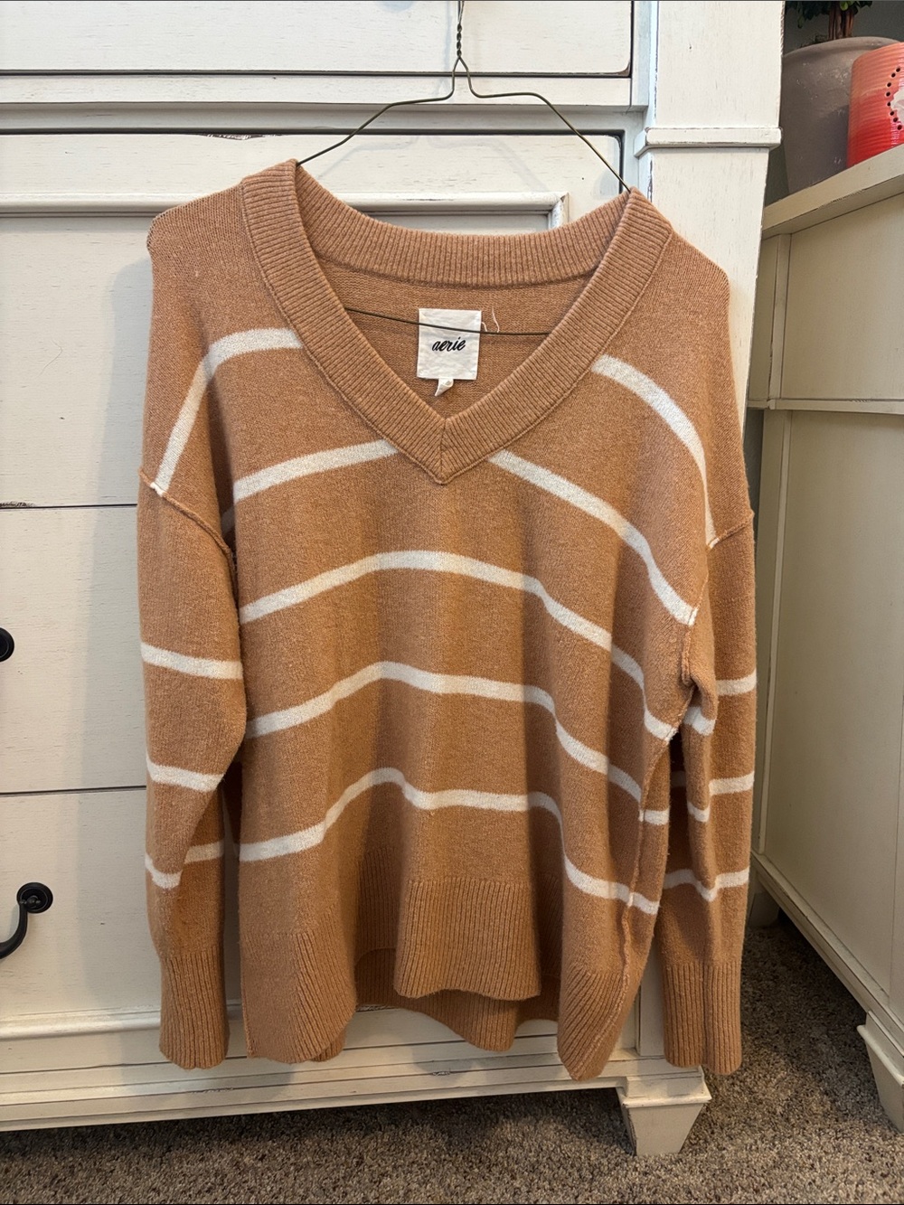 aerie Camel and White Striped V-Neck Sweater